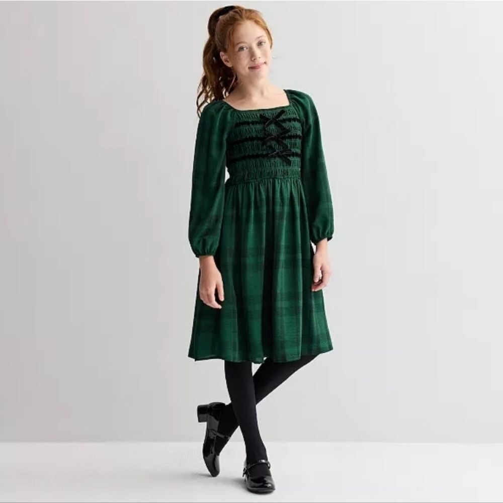 Green Plaid Midi Dress with Bow Detail